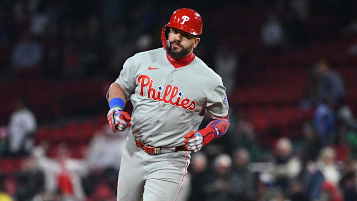 May 14, 2026; Boston, Massachusetts, USA; Philadelphia Phillies designated hitter Kyle Schwarber (12) runs out the bases after hitting a two run home run against the Boston Red Sox during the eighth inning at Fenway Park. May 14, 2026; Boston, Massachusetts, USA; Philadelphia Phillies designated hitter Kyle Schwarber (12) runs out the bases after hitting a two run home run against the Boston Red Sox during the eighth inning at Fenway Park.