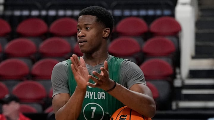 Mar 20, 2025; Raleigh, NC, USA; Baylor Bears guard VJ Edgecombe (7) reacts during practice at Lenovo Center. Mandatory Credit: Bob Donnan-Imagn Images