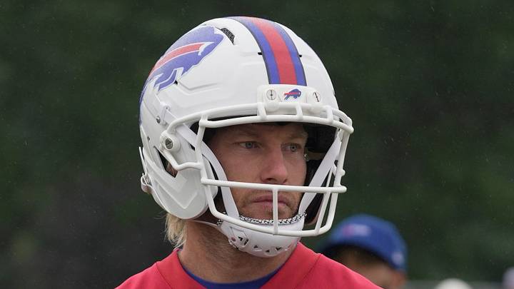 Bills Mitch Wishnowsky waits with other kickers on the sidelines as other players stretch during Bills Training Camp at St. John Fisher University on July 30, 2026 in Pittsford.