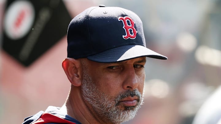 Boston Red Sox manager Alex Cora (13) looks down in the dugout during the eighth inning against the Los Angeles Angels at Angel Stadium on June 25. 