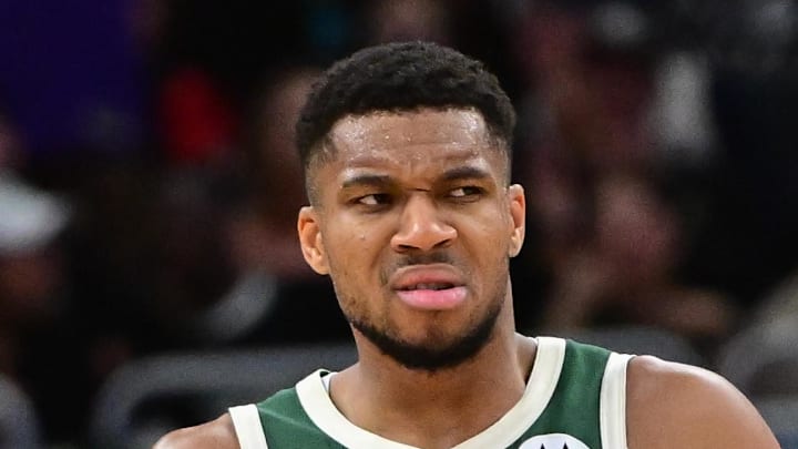 Milwaukee Bucks forward Giannis Antetokounmpo (34) reacts in the fourth quarter against the Boston Celtics at Fiserv Forum on November 10, 2024.