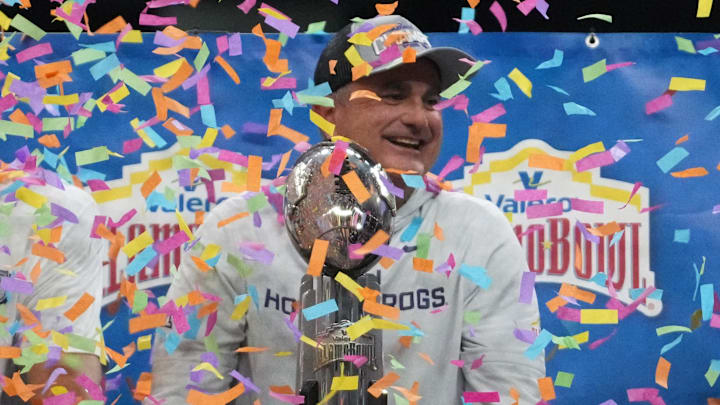 TCU Horned Frogs head coach Sonny Dykes celebrates after victory over Southern California Trojans during the Alamo Bowl at Alamodome.