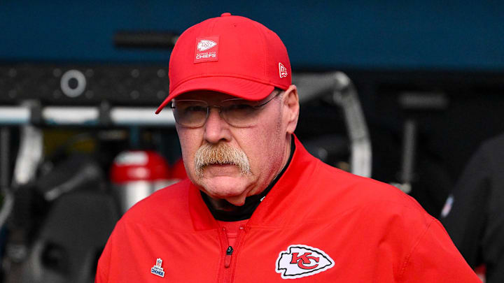 Dec 21, 2025; Nashville, Tennessee, USA;  Kansas City Chiefs head coach Andy Reid walks to the field against the Tennessee Titans during pre-game warmups at Nissan Stadium. Mandatory Credit: Steve Roberts-Imagn Images