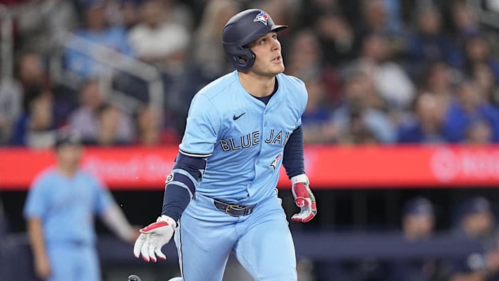 Apr 30, 2025; Toronto, Ontario, CAN; Toronto Blue Jays center fielder Dalton Varsho (5) runs to first base after hitting a two-run home run against the Boston Red Sox during the sixth inning at Rogers Centre. Apr 30, 2025; Toronto, Ontario, CAN; Toronto Blue Jays center fielder Dalton Varsho (5) runs to first base after hitting a two-run home run against the Boston Red Sox during the sixth inning at Rogers Centre.