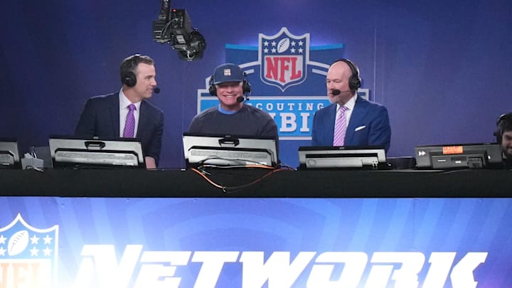 Mar 1, 2024; Indianapolis, IN, USA; NFL broadcasters Daniel Jeremiah (left) and Rich Eisen (right) with Indianapolis Colts general manager Chris Ballard (middle) in the NFL Network booth during the 2024 NFL Combine at Lucas Oil Stadium. Mandatory Credit: Kirby Lee-Imagn Images