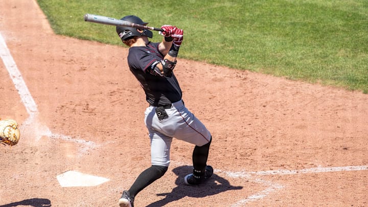 Gamecocks catcher Dalton Reeves (44) with a two run homer in the top of the ninth inning against Florida. The Gators beat the South Carolina 11-9 at Condron Family Ballpark in Gainesville, Florida, Sunday, April 14, 2024. [Cyndi Chambers/ Gainesville Sun] 2024