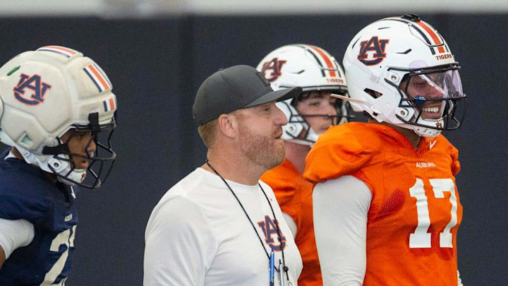 Auburn Tigers head coach Alex Golesh watches on during practice at Woltosz Football Performance Center in Auburn, Ala. on Thursday, April 16, 2026.