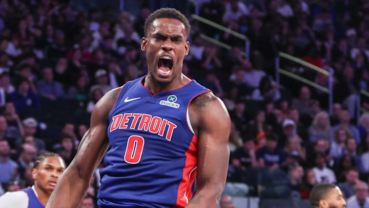 Apr 19, 2025; New York, New York, USA; Detroit Pistons center Jalen Duren (0) reacts after scoring against the New York Knicks in Game One of the First Round of the NBA Playoffs at Madison Square Garden. Mandatory Credit: Wendell Cruz-Imagn Images Apr 19, 2025; New York, New York, USA; Detroit Pistons center Jalen Duren (0) reacts after scoring against the New York Knicks in Game One of the First Round of the NBA Playoffs at Madison Square Garden. Mandatory Credit: Wendell Cruz-Imagn Images