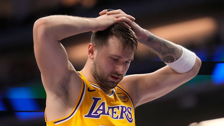 Jan 12, 2026; Sacramento, California, USA; Los Angeles Lakers guard Luka Doncic (77) reacts after being fouled against the Sacramento Kings in the second quarter at the Golden 1 Center. Mandatory Credit: Cary Edmondson-Imagn Images