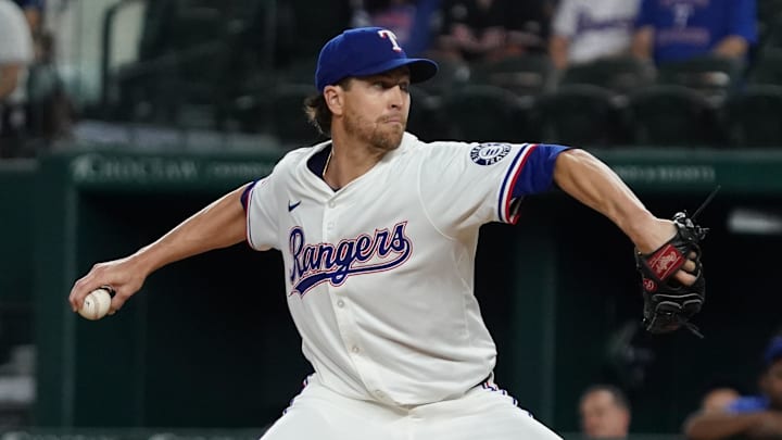 May 15, 2025; Arlington, Texas, USA; Texas Rangers pitcher Jacob deGrom (48) throws to the plate during the first inning against the Houston Astros at Globe Life Field.