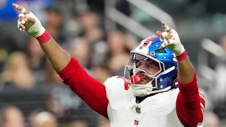 Dec 28, 2025; Paradise, Nevada, USA; New York Giants outside linebacker Abdul Carter (51) reacts in the second quarter against the Las Vegas Raiders at Allegiant Stadium. Mandatory Credit: Stephen R. Sylvanie-Imagn Images