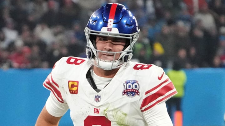 Nov 10, 2024; Munich, Germany; New York Giants quarterback Daniel Jones (8) carries the ball against the New York Giants in the second half during the 2024 NFL Munich Game at Allianz Arena. Mandatory Credit: Kirby Lee-Imagn Images Nov 10, 2024; Munich, Germany; New York Giants quarterback Daniel Jones (8) carries the ball against the New York Giants in the second half during the 2024 NFL Munich Game at Allianz Arena. Mandatory Credit: Kirby Lee-Imagn Images