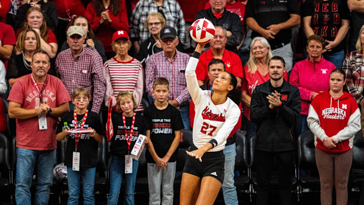 Nebraska outside hitter Harper Murray serves against the Illinois Fighting Illini at the Bob Devaney Sports Center on Oct 25, 2024.