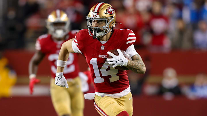 Dec 30, 2024; Santa Clara, California, USA; San Francisco 49ers wide receiver Ricky Pearsall (14) during the game against the Detroit Lions at Levi's Stadium. Mandatory Credit: Sergio Estrada-Imagn Images Dec 30, 2024; Santa Clara, California, USA; San Francisco 49ers wide receiver Ricky Pearsall (14) during the game against the Detroit Lions at Levi's Stadium. Mandatory Credit: Sergio Estrada-Imagn Images