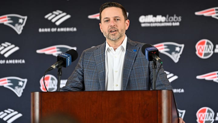Mar 13, 2025; Foxborough, MA, USA; New England Patriots executive vice president of player personnel Eliot Wolf discusses the teamís recent free agent additions with the media at Gillette Stadium.
