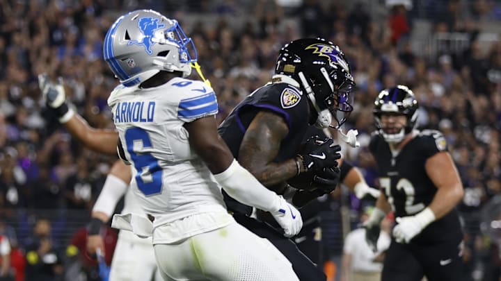 Ravens wide receiver Rashod Bateman (7) makes a touchdown catch against Lions cornerback Terrion Arnold (6) Ravens wide receiver Rashod Bateman (7) makes a touchdown catch against Lions cornerback Terrion Arnold (6)