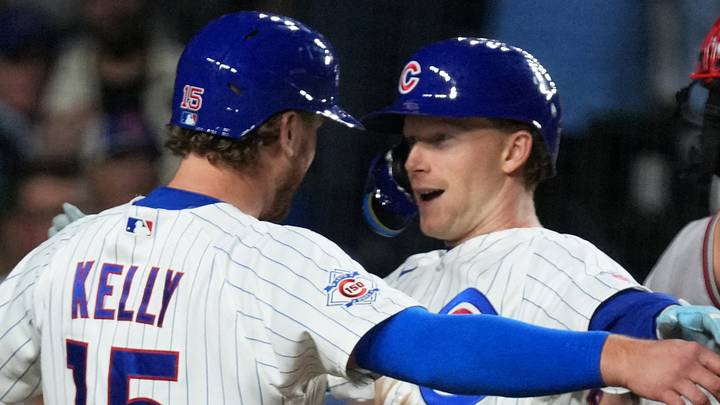 Sep 14, 2026; Chicago, Illinois, USA; Chicago Cubs center fielder Pete Crow-Armstrong (4) is greeted by catcher Carson Kelly (15) after hitting a two-run home run against the Atlanta Braves during the sixth inning at Wrigley Field. Mandatory Credit: David Banks-Imagn Images Sep 14, 2026; Chicago, Illinois, USA; Chicago Cubs center fielder Pete Crow-Armstrong (4) is greeted by catcher Carson Kelly (15) after hitting a two-run home run against the Atlanta Braves during the sixth inning at Wrigley Field. Mandatory Credit: David Banks-Imagn Images