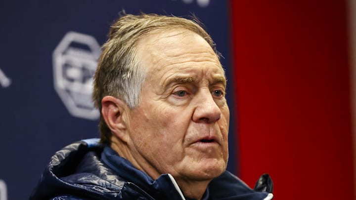 Nov 29, 2025; Raleigh, North Carolina, USA;  North Carolina Tar Heels head coach Bill Belichick addresses the media after the second half of the game against NC State Wolfpack at Carter-Finley Stadium.  Mandatory Credit: Jaylynn Nash-Imagn Images