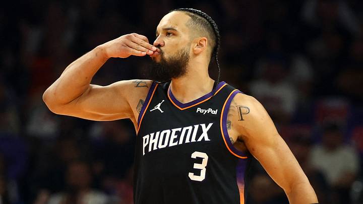 Apr 17, 2026; Phoenix, Arizona, USA; Phoenix Suns forward Dillon Brooks (3) celebrates a three point shot against the Golden State Warriors during the first half in the play-in rounds of the 2026 NBA Playoffs at Mortgage Matchup Center. Mandatory Credit: Mark J. Rebilas-Imagn Images Apr 17, 2026; Phoenix, Arizona, USA; Phoenix Suns forward Dillon Brooks (3) celebrates a three point shot against the Golden State Warriors during the first half in the play-in rounds of the 2026 NBA Playoffs at Mortgage Matchup Center. Mandatory Credit: Mark J. Rebilas-Imagn Images