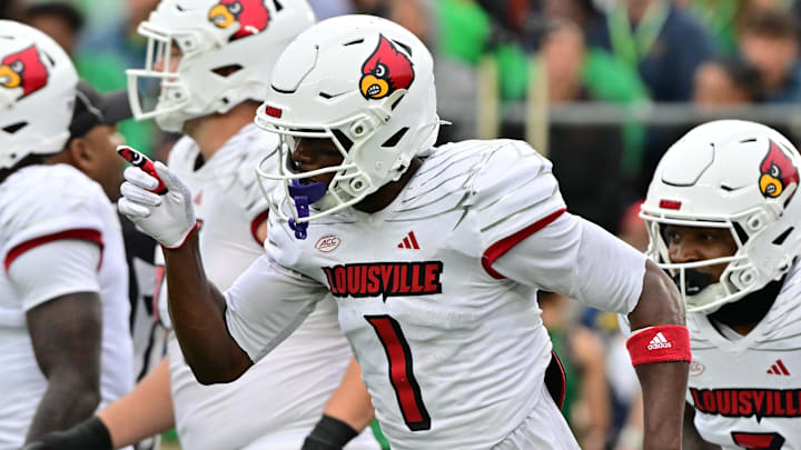 Sep 28, 2024; South Bend, Indiana, USA; Louisville Cardinals wide receiver Ja'Corey Brooks (1) celebrates after a touchdown catch against the Notre Dame Fighting Irish in the second quarter at Notre Dame Stadium. Mandatory Credit: Matt Cashore-Imagn Images