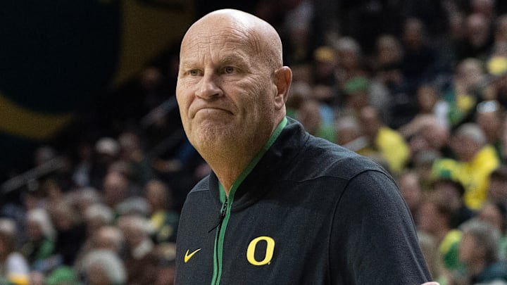 Oregon women's coach Kelly Graves look for a call from the officials during the second half against Michigan at Matthew Knight Arena Dec. 29, 2025.