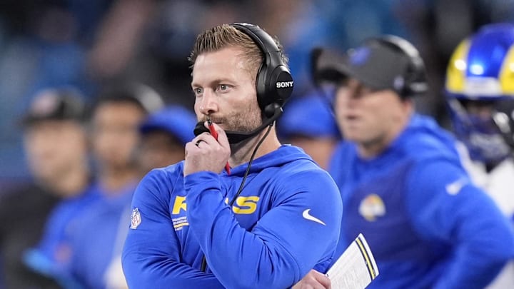 Jan 10, 2026; Charlotte, NC, USA; Los Angeles Rams head coach Sean McVay in the first half during the NFC Wild Card Round game at Bank of America Stadium. Mandatory Credit: Jim Dedmon-Imagn Images