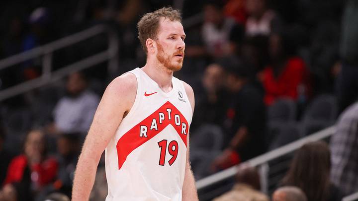 Oct 22, 2025; Atlanta, Georgia, USA; Toronto Raptors center Jakob Poeltl (19) in action against the Atlanta Hawks in the fourth quarter at State Farm Arena. Mandatory Credit: Brett Davis-Imagn Images