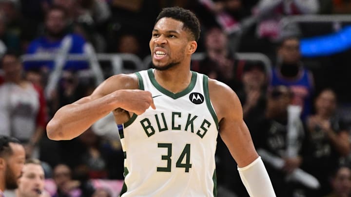 Milwaukee Bucks forward Giannis Antetokounmpo (34) reacts (Mandatory Credit: Benny Sieu-Imagn Images)