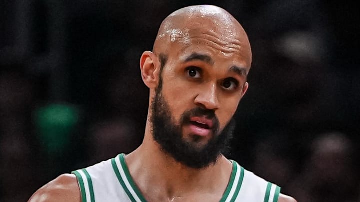 Apr 7, 2026; Boston, Massachusetts, USA; Boston Celtics head coach Joe Mazzulla with guard Derrick White (9) from the sideline as they take on the Charlotte Hornets at TD Garden. Mandatory Credit: David Butler II-Imagn Images