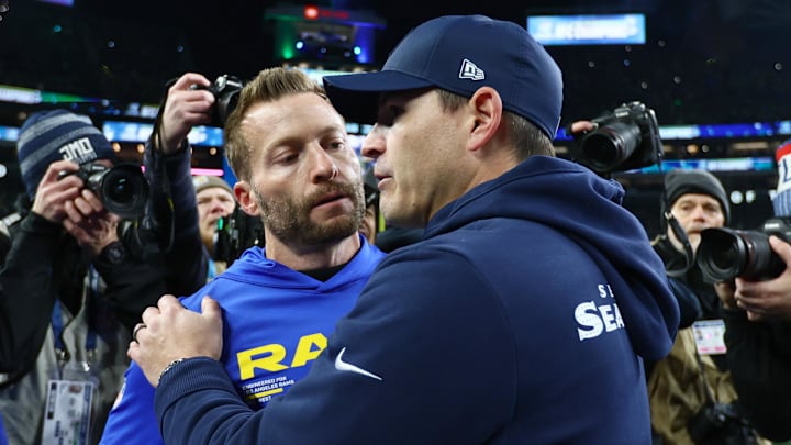 Jan 25, 2026; Seattle, WA, USA; Seattle Seahawks head coach Mike MacDonald greets Los Angeles Rams head coach Sean McVay on field after the 2026 NFC Championship Game at Lumen Field. Mandatory Credit: Kevin Ng-Imagn Images