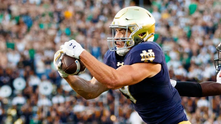 Notre Dame tight end Eli Raridon, left, catches a pass in the second half of a NCAA football game against NC State at Notre Dame Stadium on Saturday, Oct. 11, 2025, in South Bend. Notre Dame tight end Eli Raridon, left, catches a pass in the second half of a NCAA football game against NC State at Notre Dame Stadium on Saturday, Oct. 11, 2025, in South Bend.
