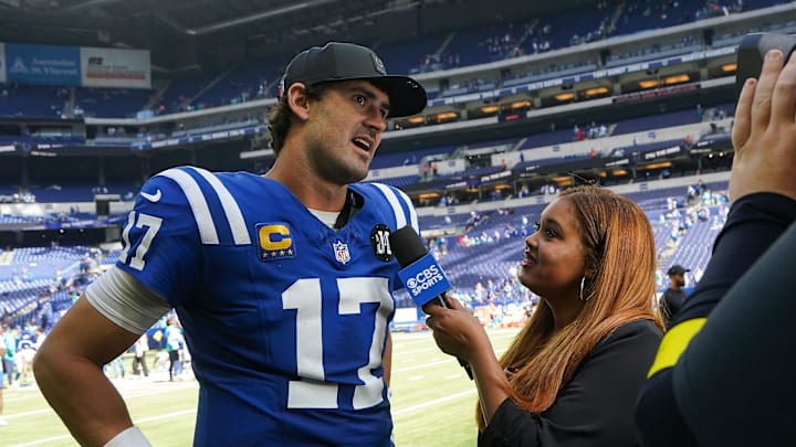 Indianapolis Colts quarterback Daniel Jones (17) is interviewed after the game Sunday, Sept. 7, 2025, during the game at Lucas Oil Stadium in Indianapolis. The Indianapolis Colts defeated the Miami Dolphins, 33-8.