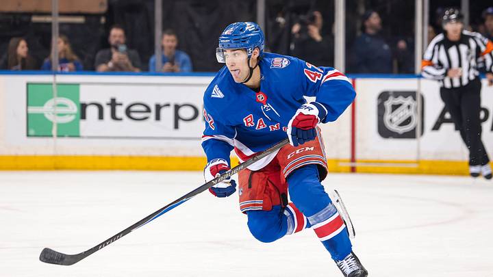 Apr 5, 2026; New York, New York, USA; New York Rangers center Noah Laba (42) skates against the Washington Capitals during the first period at Madison Square Garden. Apr 5, 2026; New York, New York, USA; New York Rangers center Noah Laba (42) skates against the Washington Capitals during the first period at Madison Square Garden.