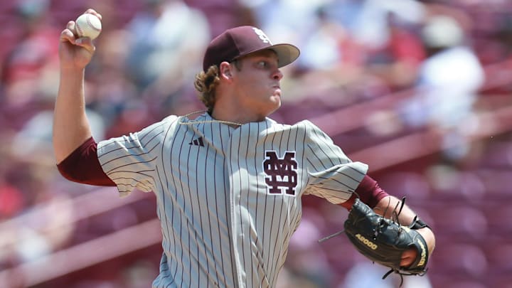 Mississippi State pitcher Duke Stone struck out 12 batters against South Carolina in a 9-0 win at Founders Field in Columbia, S.C.