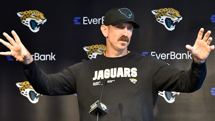 Jacksonville Jaguars defensive coordinator Ryan Nielsen talks to the media ahead of the second day of an NFL football training camp practice session Thursday, July 25, 2024 at EverBank StadiumÕs Miller Electric Center in Jacksonville, Fla.. [Bob Self/Florida Times-Union]