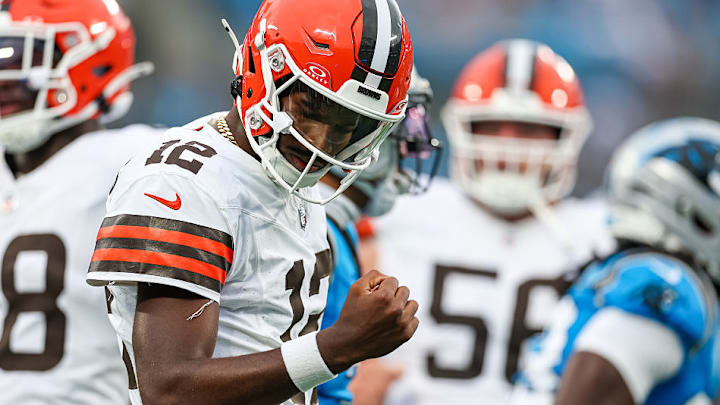 Shedeur Sanders threw two touchdown passes in the first half of his first preseason game for the Browns.