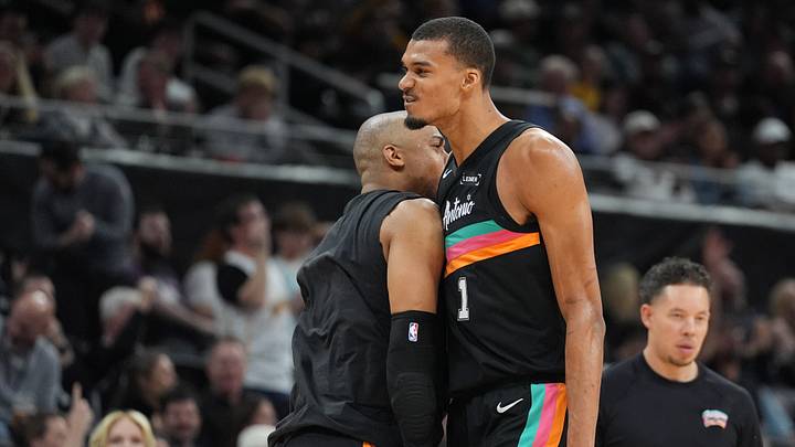 Feb 21, 2026; Austin, Texas, USA; San Antonio Spurs forwards Keldon Johnson (3) and forward Victor Wembanyama (1) celebrate in the second half against the Sacramento Kings at Moody Center. Feb 21, 2026; Austin, Texas, USA; San Antonio Spurs forwards Keldon Johnson (3) and forward Victor Wembanyama (1) celebrate in the second half against the Sacramento Kings at Moody Center.