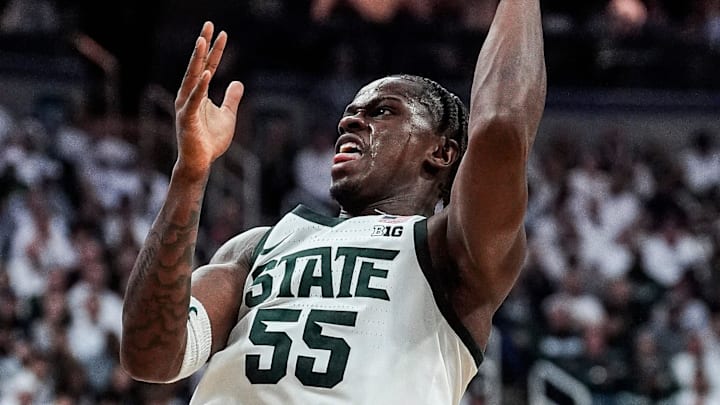 Michigan State forward Coen Carr (55) makes a jump shot against Duke during the second half at Breslin Center in East Lansing on Saturday, Dec. 6, 2025. Michigan State forward Coen Carr (55) makes a jump shot against Duke during the second half at Breslin Center in East Lansing on Saturday, Dec. 6, 2025.