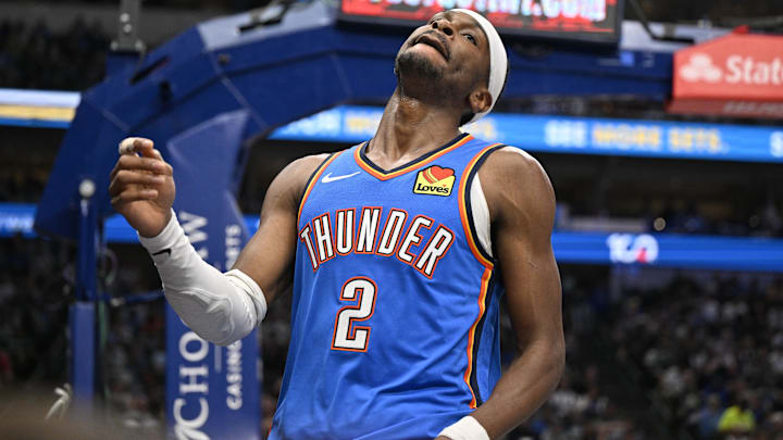 Mar 1, 2026; Dallas, Texas, USA; Oklahoma City Thunder guard Shai Gilgeous-Alexander (2) reacts to a foul call during the second half against the Dallas Mavericks at the American Airlines Center. Mandatory Credit: Jerome Miron-Imagn Images