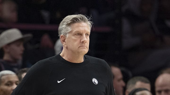 Feb 11, 2026; Minneapolis, Minnesota, USA; Minnesota Timberwolves head coach Chris Finch looks on against the Portland Trail Blazers in the second half at Target Center. Mandatory Credit: Jesse Johnson-Imagn Images