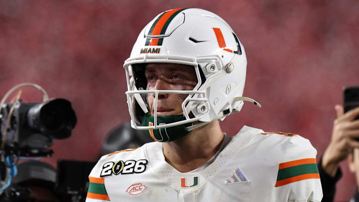 Jan 19, 2026; Miami Gardens, FL, USA; Miami Hurricanes quarterback Carson Beck (11) reacts after the College Football Playoff National Championship game at Hard Rock Stadium. Mandatory Credit: Nathan Ray Seebeck-Imagn Images