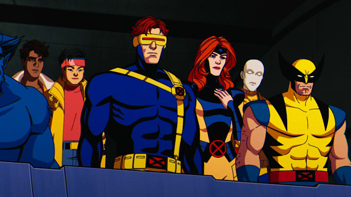 (L-R): Beast (voiced by George Buza), Roberto Da Costa (voiced by Gui Agustini), Jubilee (voiced by Holly Chou), Cyclops (voiced by Ray Chase), Jean Grey (voiced by Jennifer Hale), Morph (voiced by JP Karliak), and Wolverine (voiced by Cal Dodd) in Marvel Animation's X-MEN '97. Photo courtesy of Marvel Animation. © 2024 MARVEL.