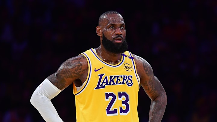 Apr 30, 2025; Los Angeles, California, USA; Los Angeles Lakers forward LeBron James (23) reacts during the first half in game five of first round for the 2025 NBA Playoffs at Crypto.com Arena. 