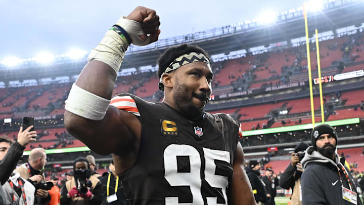 Dec 28, 2025; Cleveland, Ohio, USA; Cleveland Browns defensive end Myles Garrett (95) exits the field after the game against the Pittsburgh Steelers at Huntington Bank Field. Mandatory Credit: Ken Blaze-Imagn Images Dec 28, 2025; Cleveland, Ohio, USA; Cleveland Browns defensive end Myles Garrett (95) exits the field after the game against the Pittsburgh Steelers at Huntington Bank Field. Mandatory Credit: Ken Blaze-Imagn Images