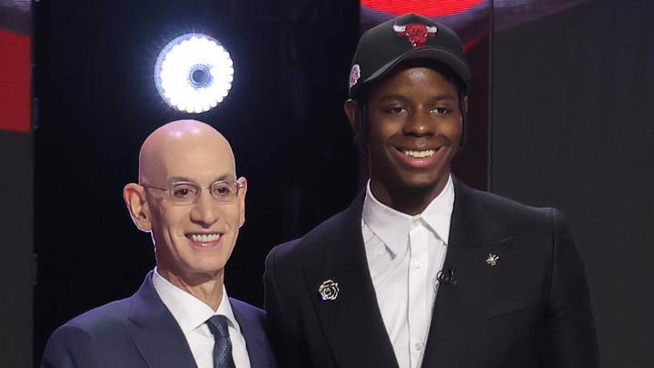 Jun 23, 2026; New York, NY, USA; NBA commissioner Adam Silver greets the fourth pick in the 2026 NBA draft, North Carolina forward Caleb Wilson after he was selected by the Chicago Bulls at Barclays Center. Mandatory Credit: Brad Penner-Imagn Images