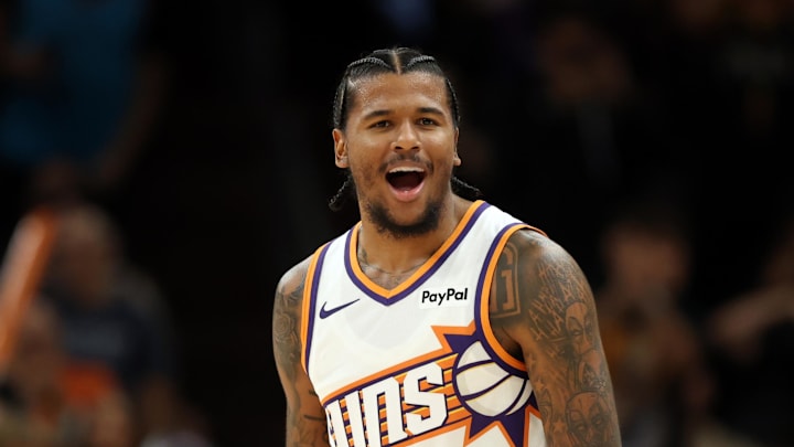 Nov 6, 2025; Phoenix, Arizona, USA; Phoenix Suns guard Jalen Green (4) celebrates against the Los Angeles Clippers at the Mortgage Matchup Center. Mandatory Credit: Mark J. Rebilas-Imagn Images