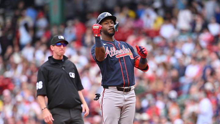 May 28, 2026; Boston, Massachusetts, USA; Atlanta Braves shortstop Jorge Mateo (2) reacts to hitting a double against the Boston Red Sox during the third inning at Fenway Park. Mandatory Credit: Eric Canha-Imagn Images 
