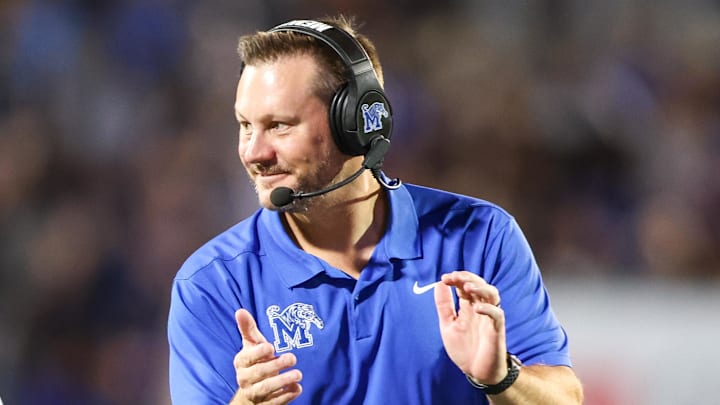 Memphis Tigers coach Ryan Silverfield reacts during the first half against the Tulsa Golden Hurricane at Simmons Bank Liberty Stadium.