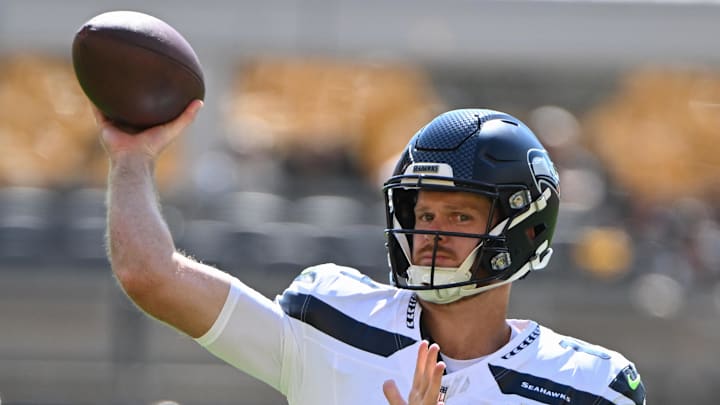 Seattle Seahawks quarterback Sam Darnold warms up for a game against the Pittsburgh Steelers.