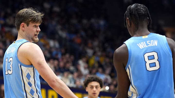 Jan 17, 2026; Berkeley, California, USA; North Carolina Tar Heels center Henri Veesaar (13) and forward Caleb Wilson (8) slap hands during the second half against the California Golden Bears at Haas Pavilion. Mandatory Credit: Darren Yamashita-Imagn Images